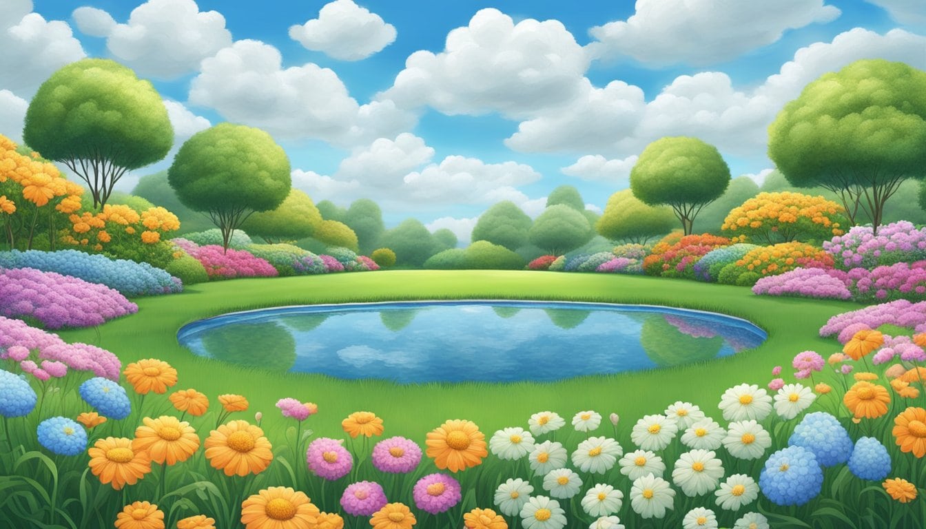 A serene garden with 66 blooming flowers, surrounded by circular patterns in the grass, under a sky filled with repeating cloud formations