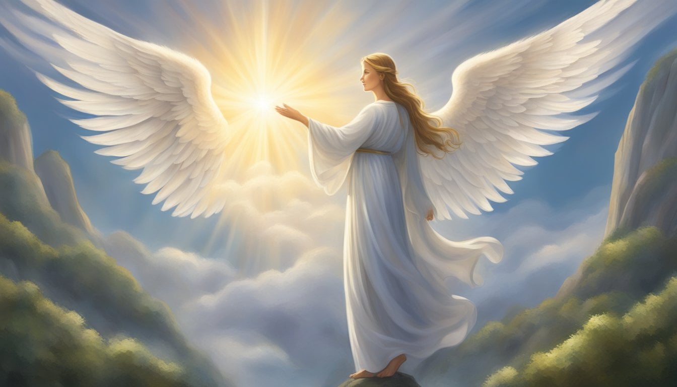 A serene angelic figure hovers above, radiating light and offering guidance and support to those in need