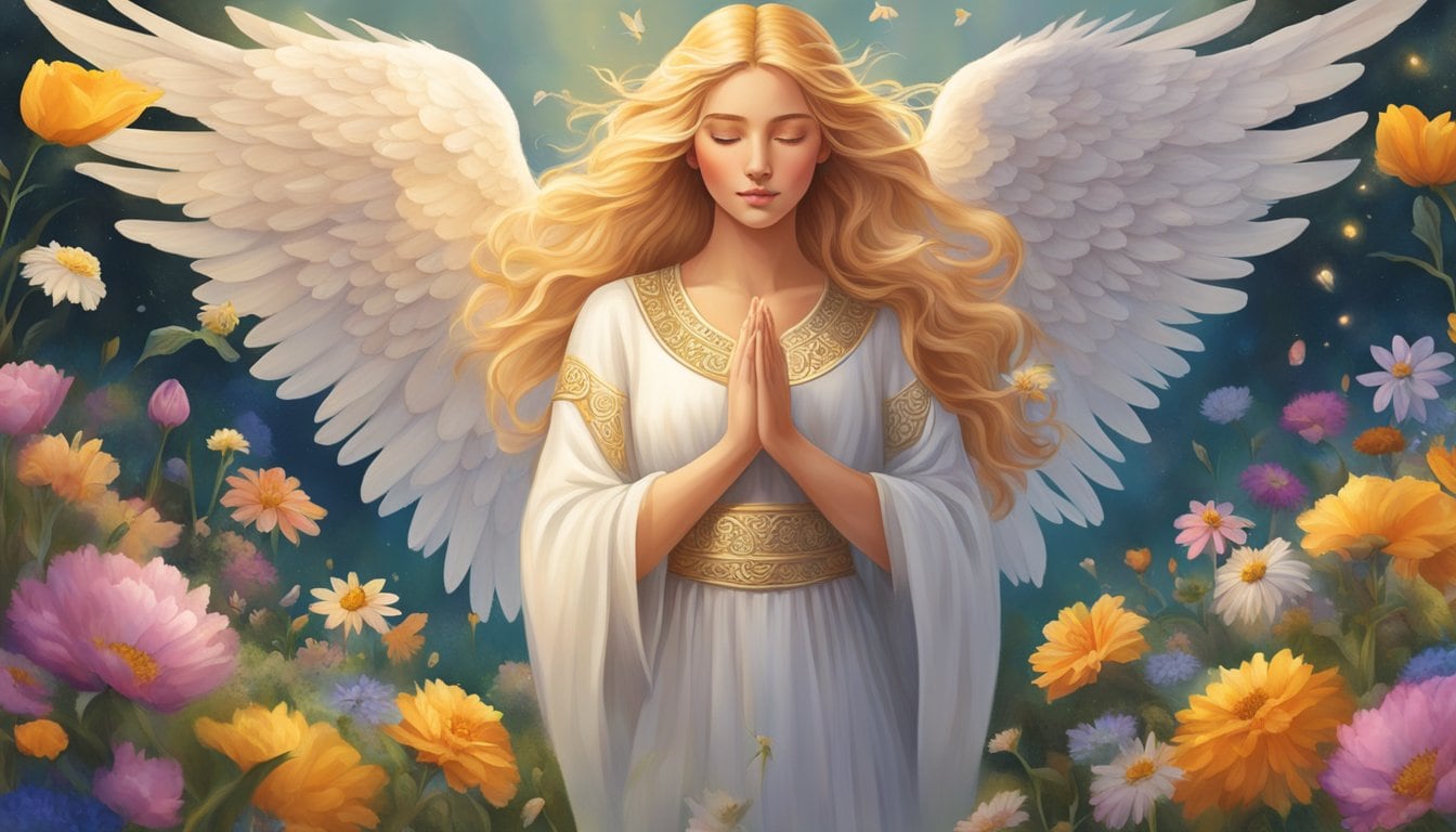 A serene angel with flowing golden hair stands in a field of vibrant flowers, surrounded by symbols of love and connection