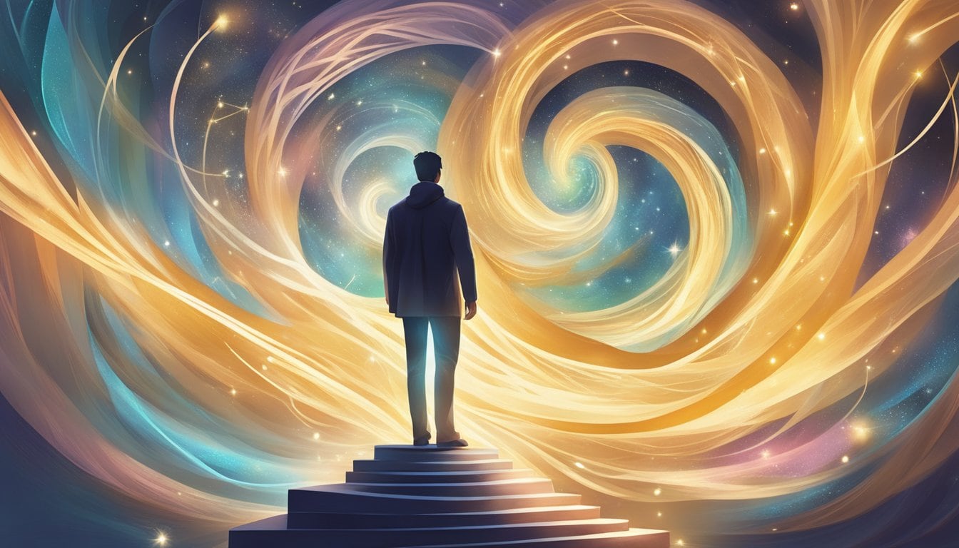 A figure stands in a beam of light, surrounded by swirling energy and symbols, representing personal growth and transformation