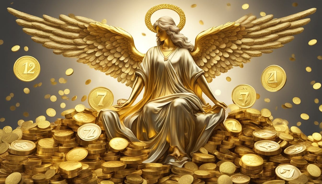 A golden angel number 727, symbolizing economic and material significance, surrounded by shimmering coins and precious metals