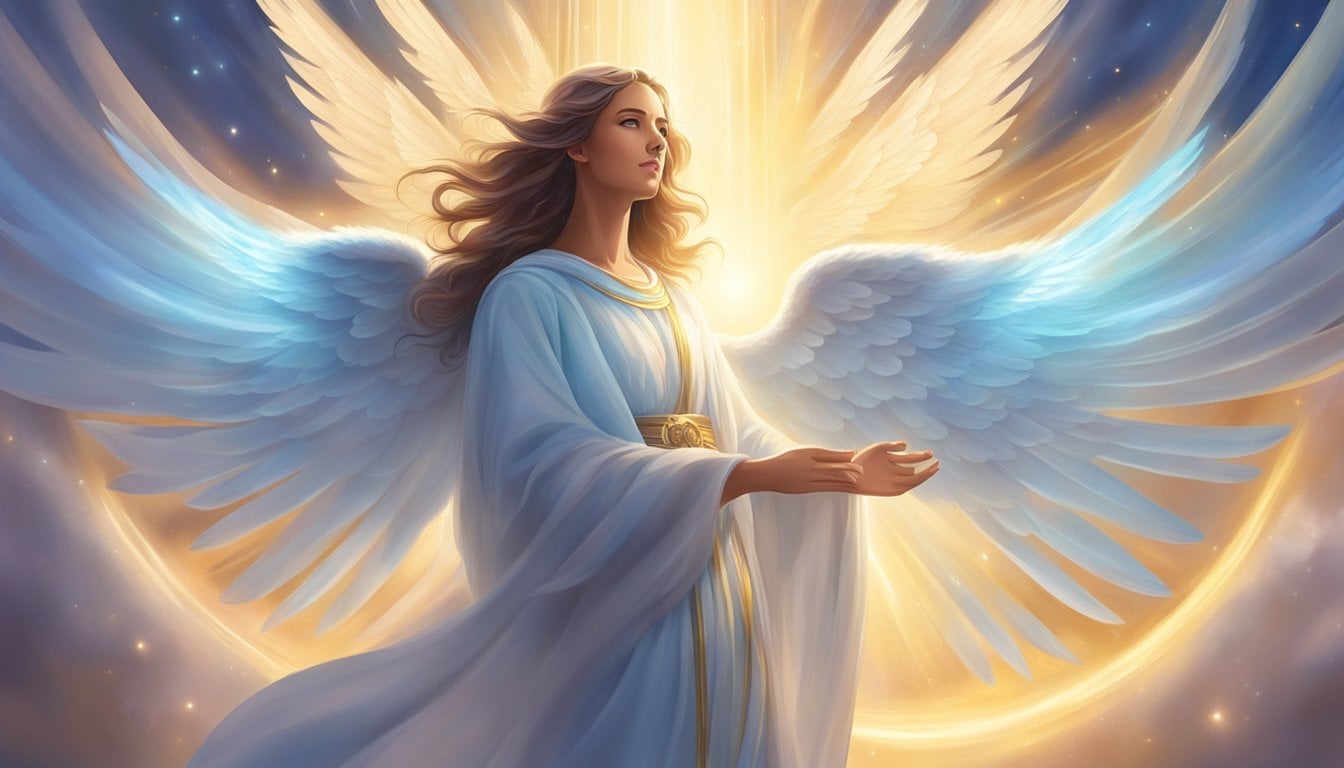 A glowing angelic figure hovers above a person, surrounded by beams of light and a sense of peace and protection