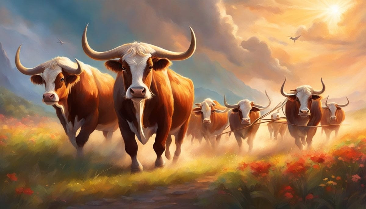 A team of oxen plowing a field, displaying strength and determination in their professional work environment