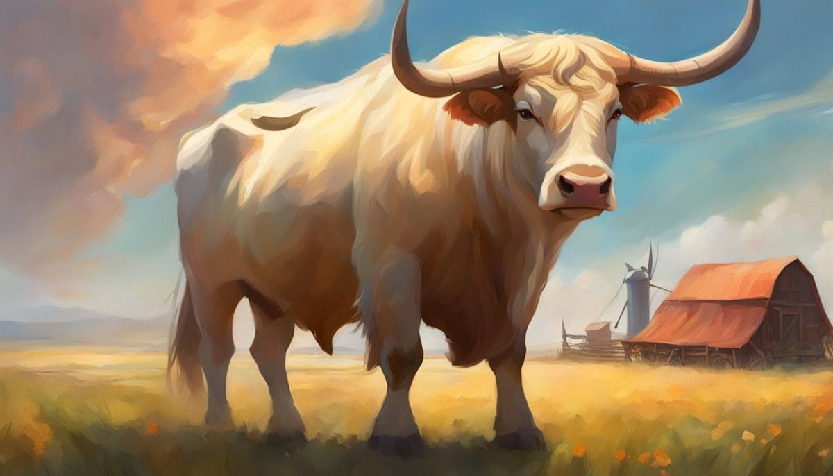 A sturdy ox standing confidently, with a calm and determined expression, surrounded by fields and farm equipment