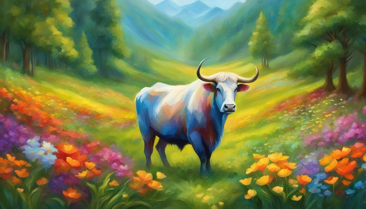 A peaceful ox grazing in a lush meadow, surrounded by vibrant flowers and tall trees, exuding a calm and content demeanor