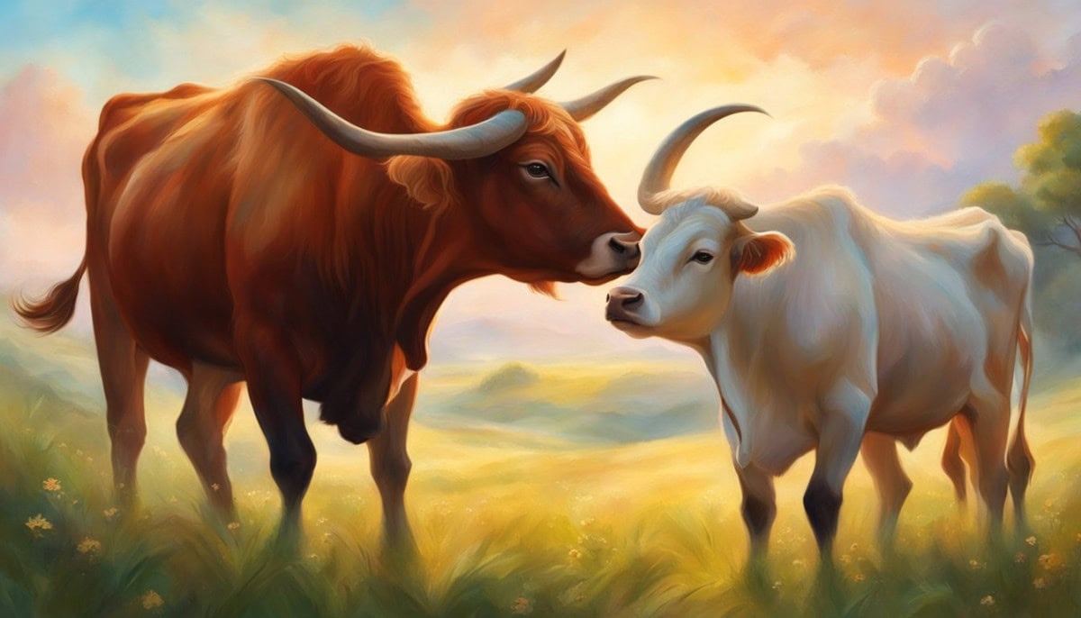 Two oxen nuzzling each other in a peaceful meadow, showing affection and forming a strong bond