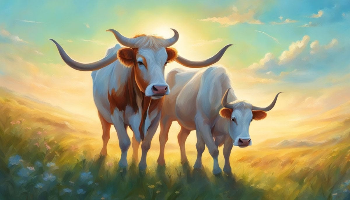 Two oxen nuzzling each other in a peaceful, grassy field under a clear blue sky