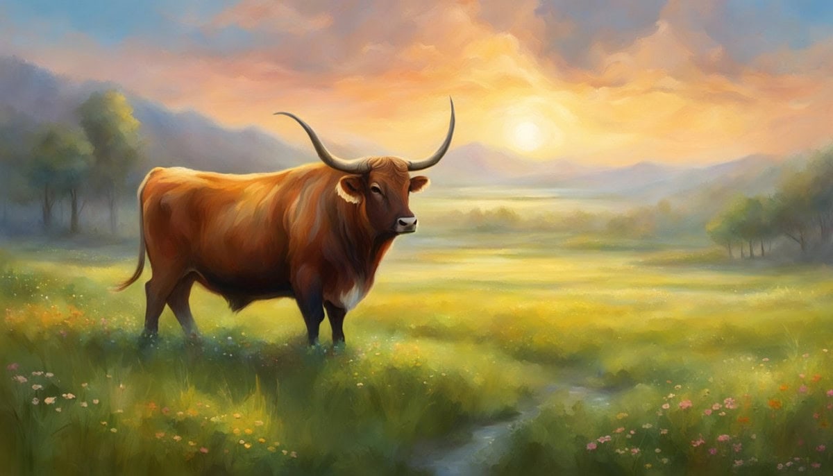 A serene ox stands in a peaceful meadow, exuding strength and calmness. Its sturdy build and steady gaze convey a sense of inner peace and mental fortitude