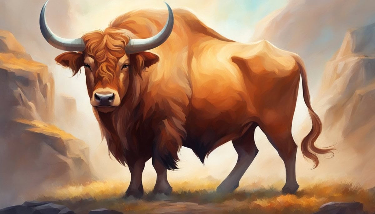 A sturdy ox standing confidently, with a calm and determined expression. Surrounding it are symbols of reliability, strength, and practicality