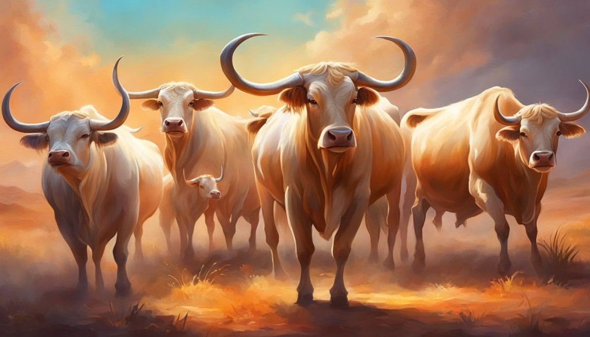 A group of oxen interacting in a social setting, displaying their unique personality traits