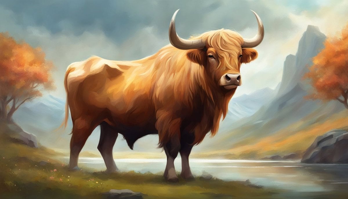 A sturdy ox standing confidently, with a calm and gentle expression, surrounded by a peaceful and serene natural environment