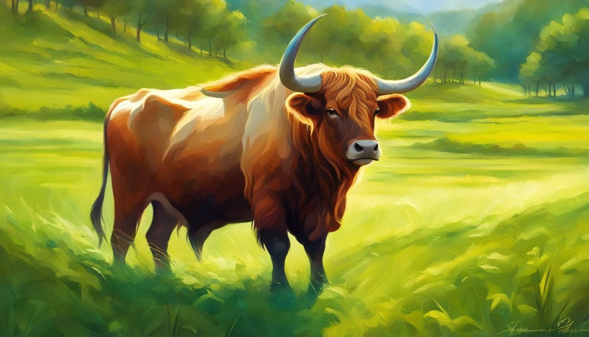 A powerful ox stands in a lush, green pasture, its muscles rippling as it grazes peacefully. The sun shines down, casting a warm glow over the scene