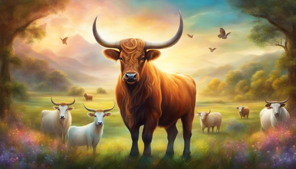 A serene ox standing in a tranquil meadow, surrounded by symbols of spirituality and philosophy