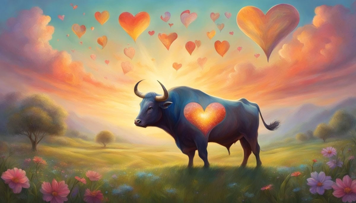 A bull and a heart-shaped puzzle piece fitting together in a peaceful meadow