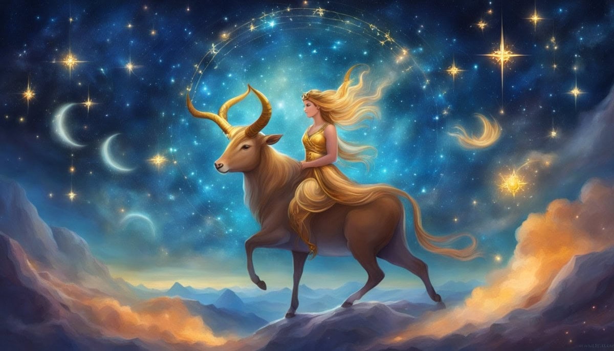 A serene night sky with the constellation of Taurus shining brightly, surrounded by other zodiac signs, symbolizing love compatibility